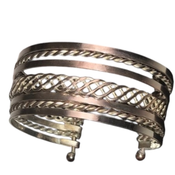 Vintage Cuff Bangle Bracelet silver brass tone stacked & barbell end  2.5" X 1" - Picture 6 of 11